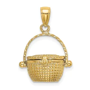 14K Yellow Gold Texture Finish 3-Dimensional Moveable Nantucket Basket Charm Pendant