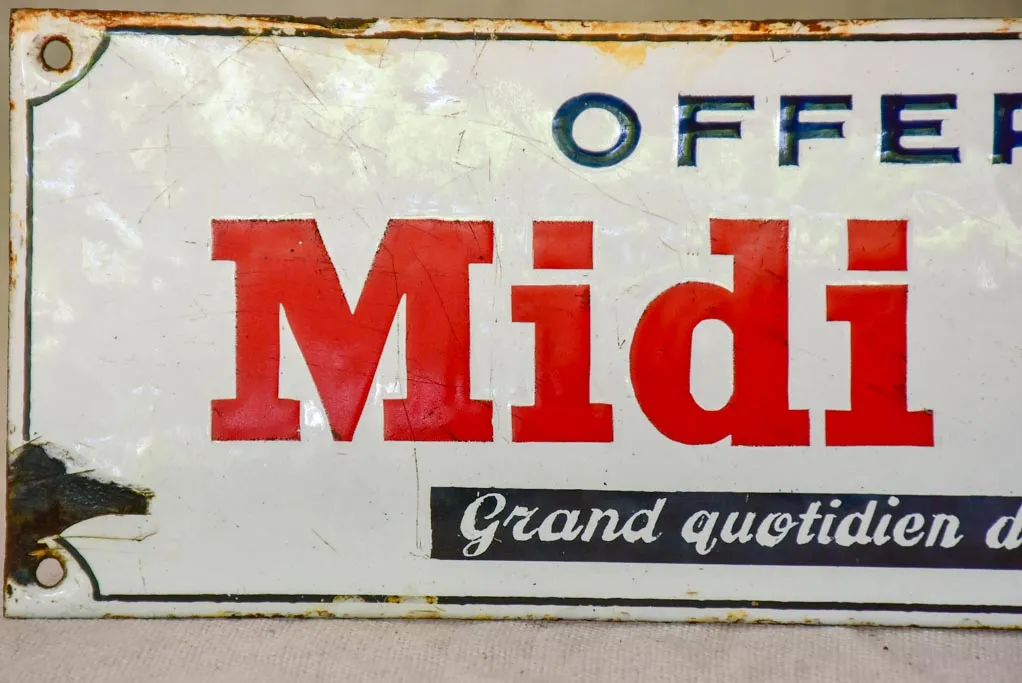 1930's French enamel sign - Midi Libre newspaper 13¾" x 4"