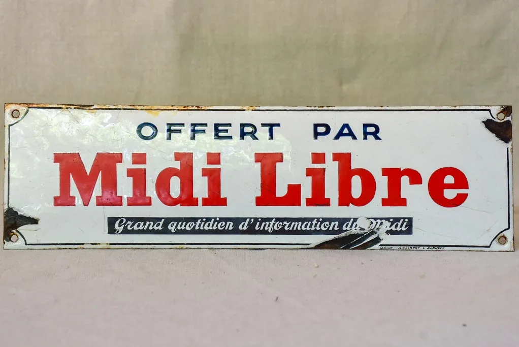 1930's French enamel sign - Midi Libre newspaper 13¾" x 4"