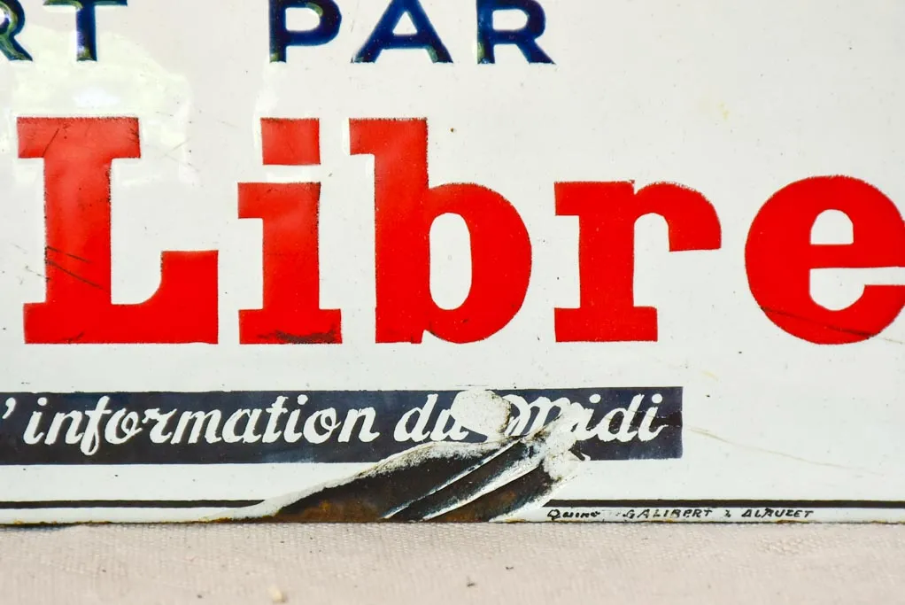 1930's French enamel sign - Midi Libre newspaper 13¾" x 4"