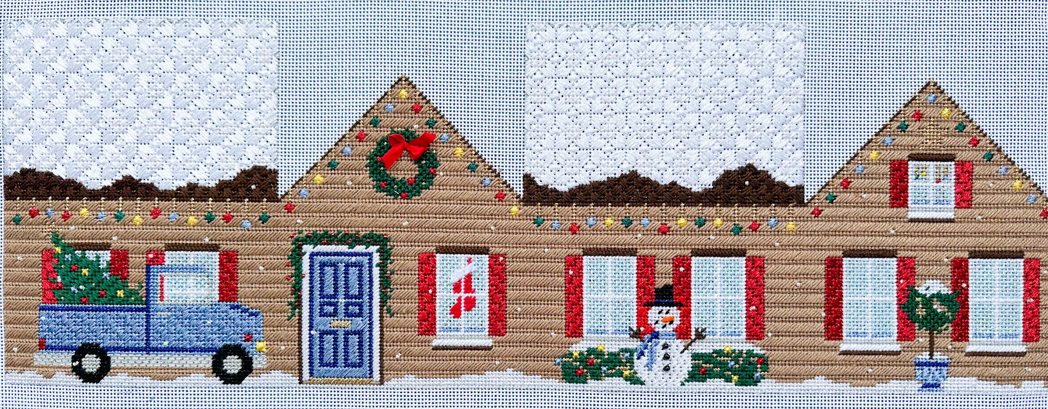 3D Christmas Home with Blue Truck Needlepoint Canvas