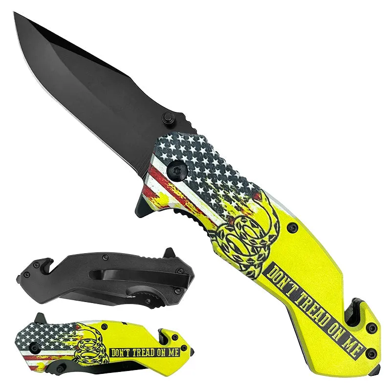 7.75" Black Blade Spring Assisted Knife US Flag Don't Tread on Me Design