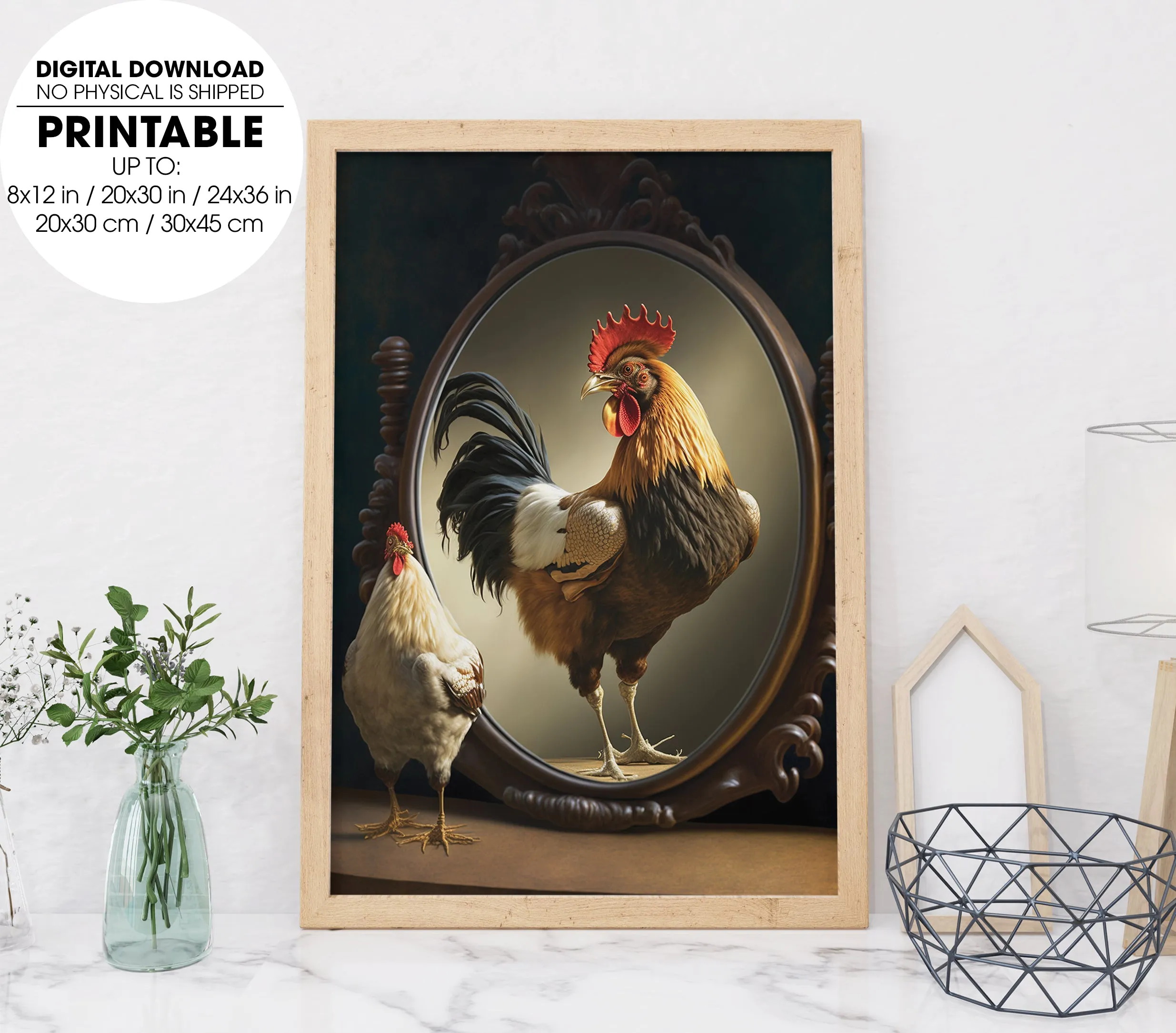 A Rooster Looking Into A Mirror With The Reflection Of A Baby Chicken, Poster Design, Printable Art