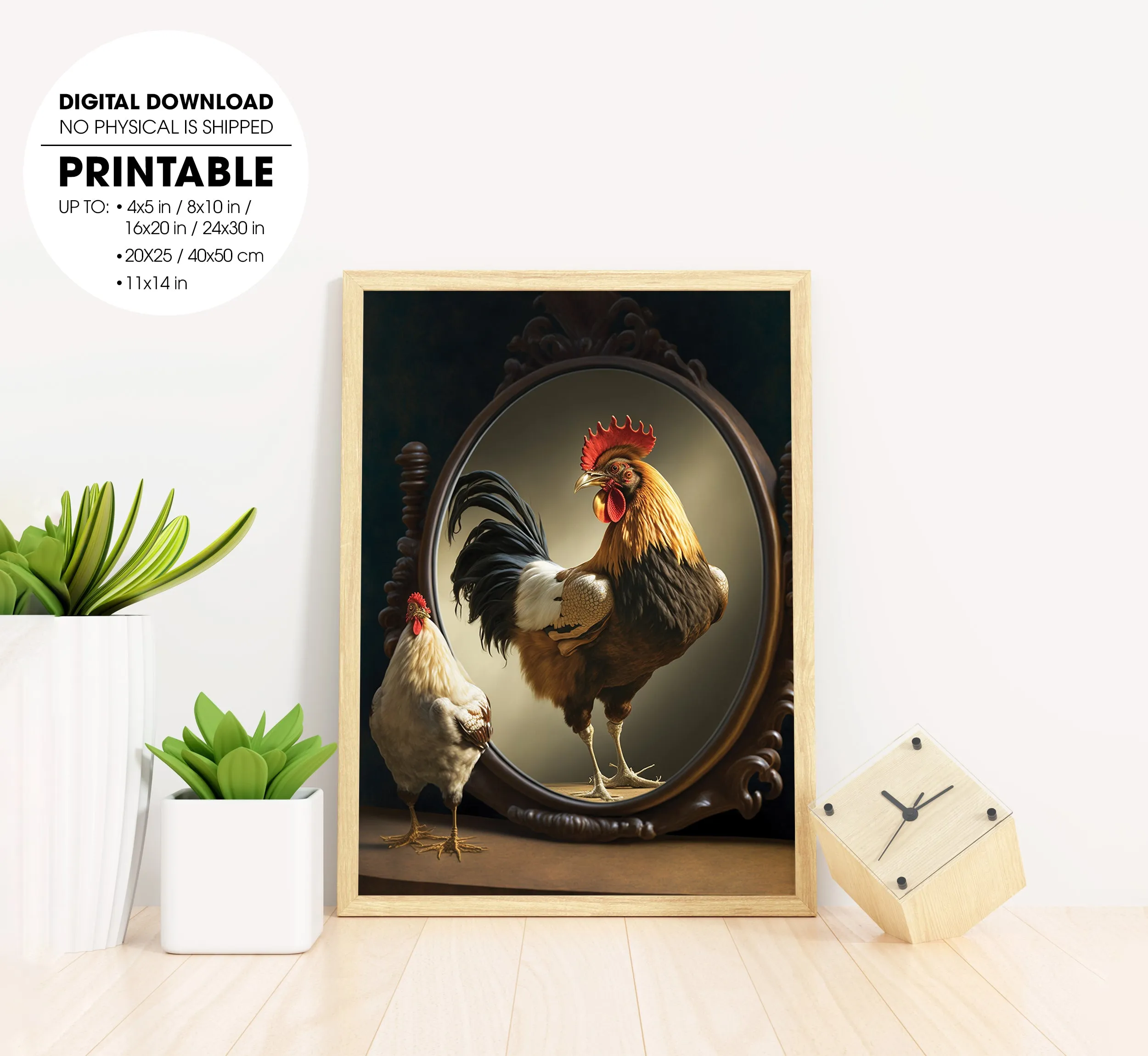 A Rooster Looking Into A Mirror With The Reflection Of A Baby Chicken, Poster Design, Printable Art