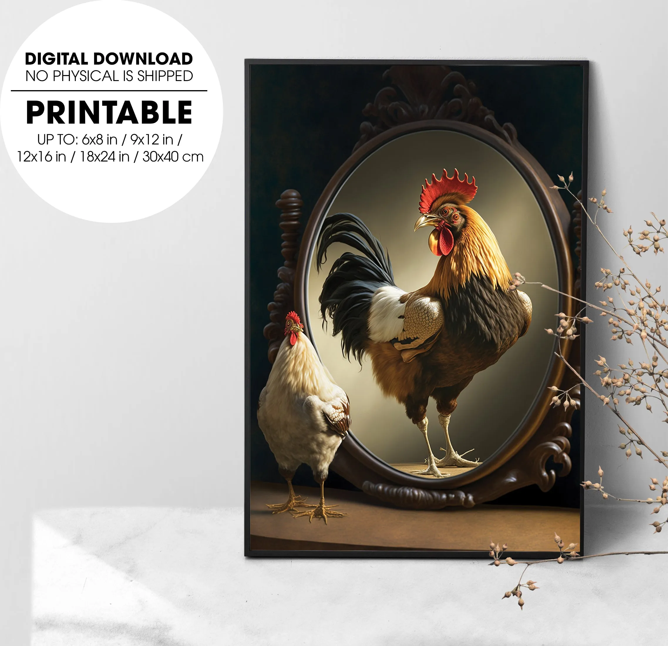 A Rooster Looking Into A Mirror With The Reflection Of A Baby Chicken, Poster Design, Printable Art