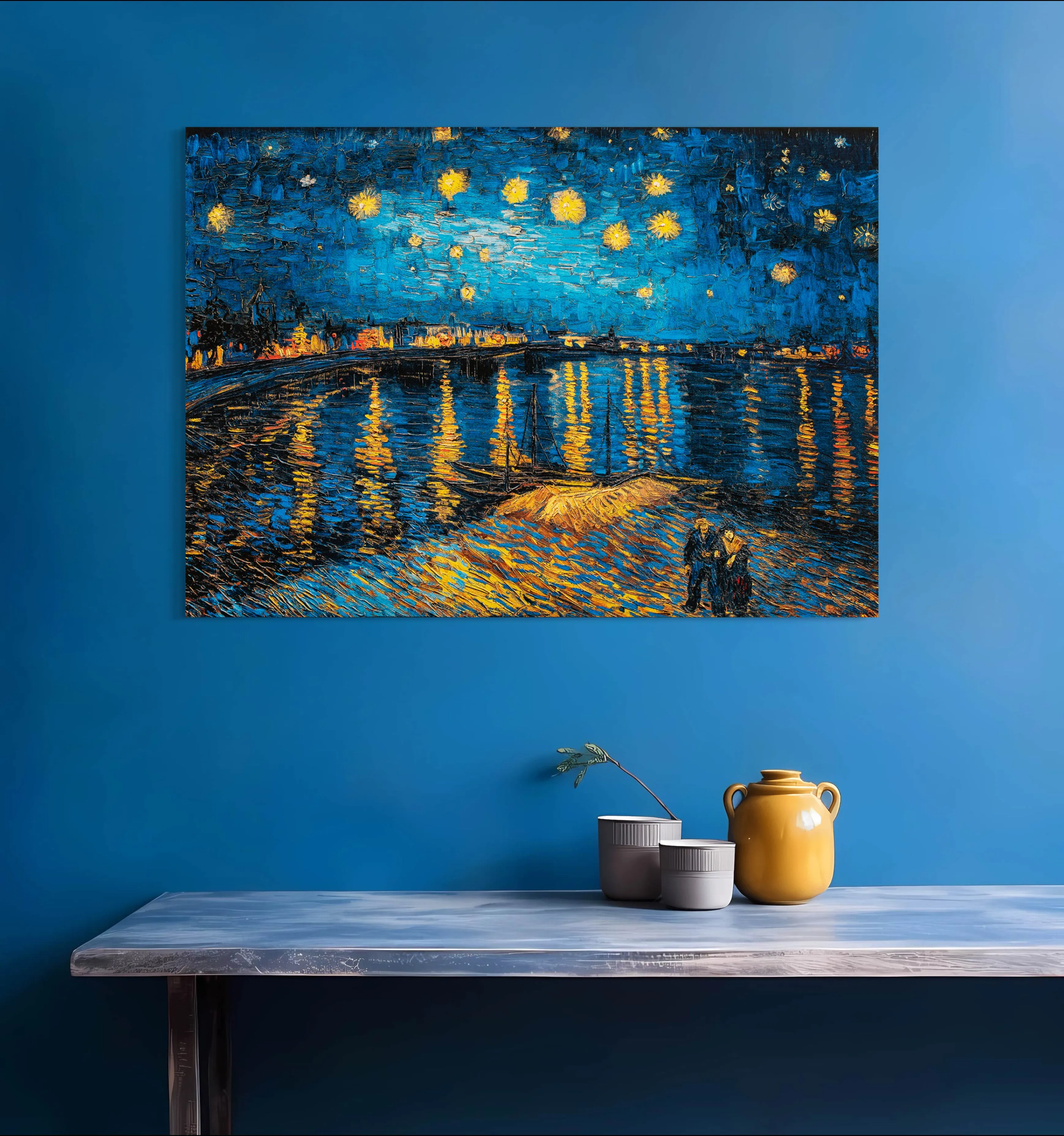 A Starry Night - Painted by Vincent Van-Gogh - Circa. 1888. High Quality Polyester Cotton Canvas Print. Rolled Canvas Available in 3 Sizes - Small, Medium, or Large. Stretched Canvas Option Available in One (1) Large Size - 70cm x 100cm.