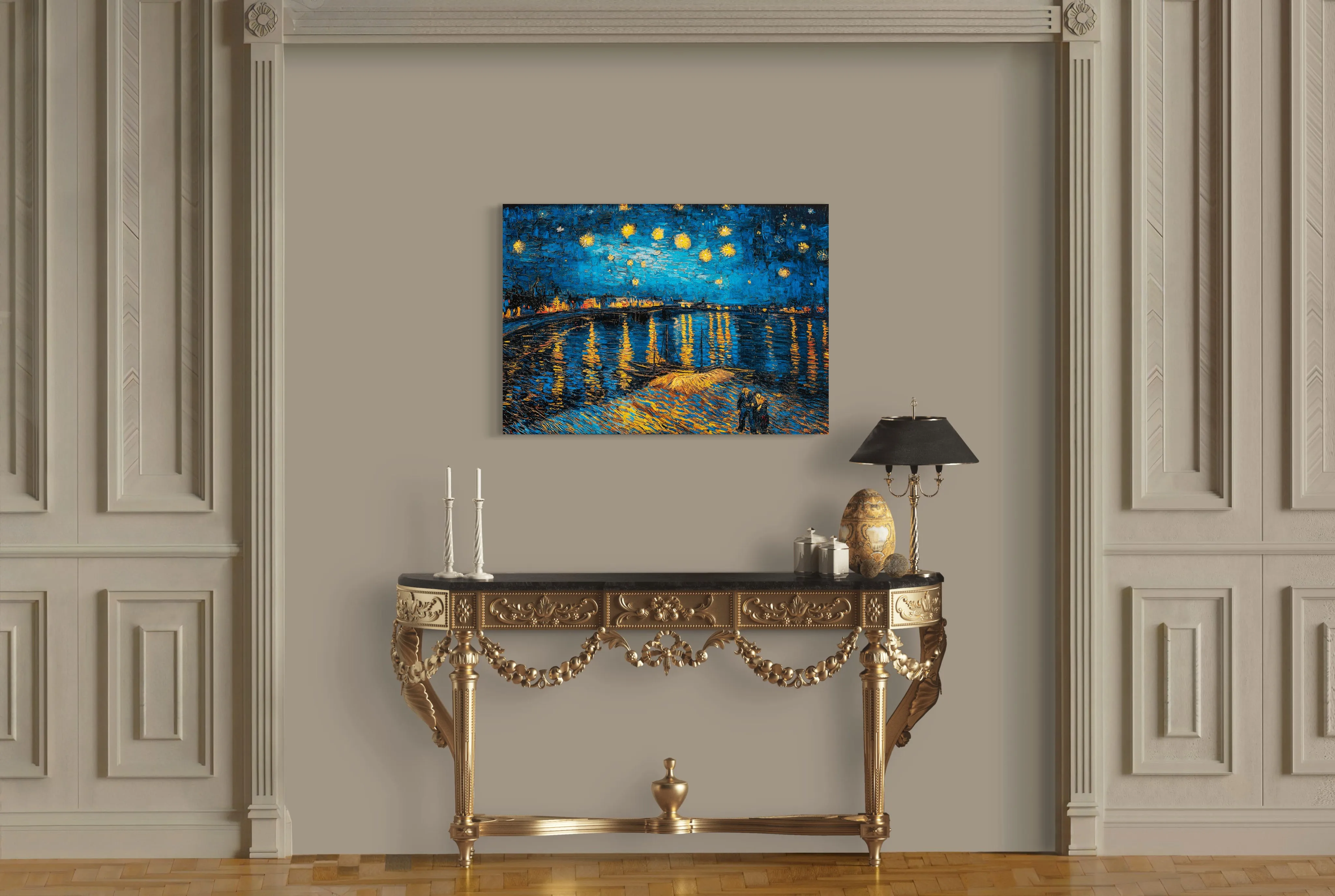 A Starry Night - Painted by Vincent Van-Gogh - Circa. 1888. High Quality Polyester Cotton Canvas Print. Rolled Canvas Available in 3 Sizes - Small, Medium, or Large. Stretched Canvas Option Available in One (1) Large Size - 70cm x 100cm.