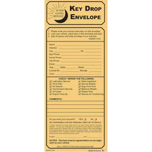 After-Hours Service Key Drop Envelopes for Dealerships - 4-1/8" × 9-1/2" 24# Kraft Envelope with Top Opening - Professional, Durable, and Shrink-Wrapped