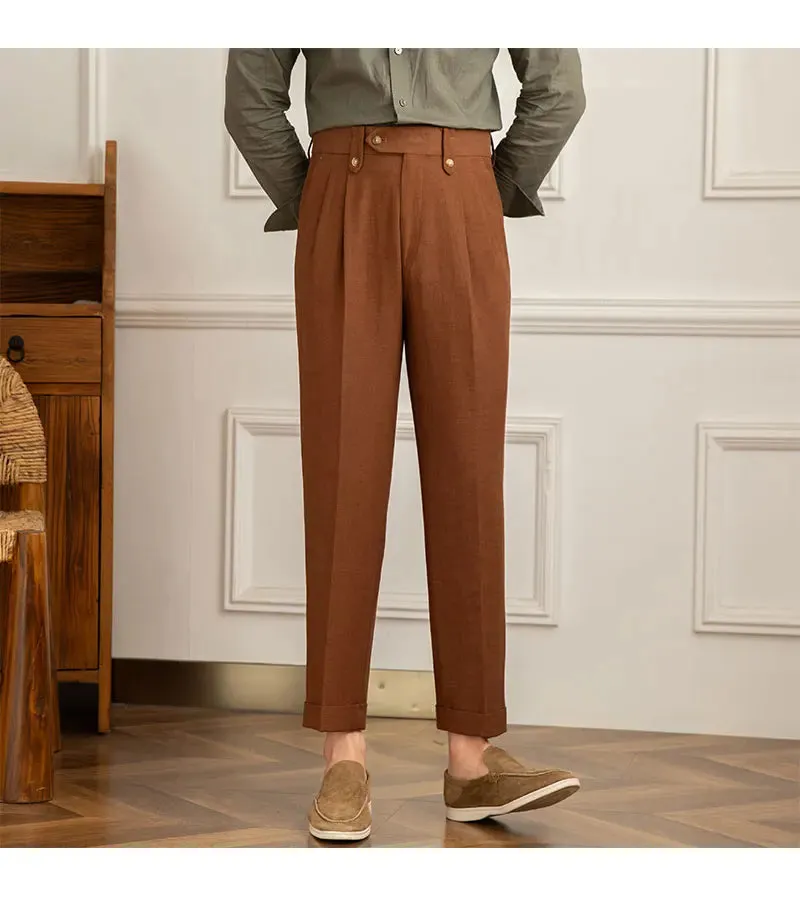 Aidase Italian Cotton Linen Blend High Waisted Men Pant Breathable Casual Straight Leg Pants Male Retro Naple Elegant Suit Trouser Men