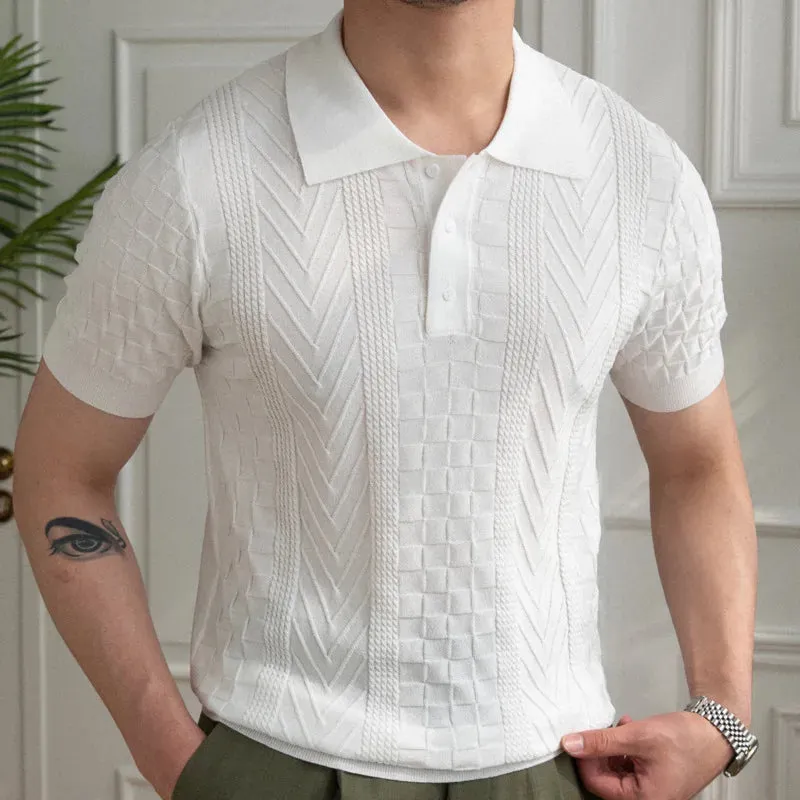 Aidase Summer Jacquard Pattern Lapel Neck Men's Solid Color Short-sleeved T-shirt British Slim Lapel Knitted Striped Casual  Polo Shirt