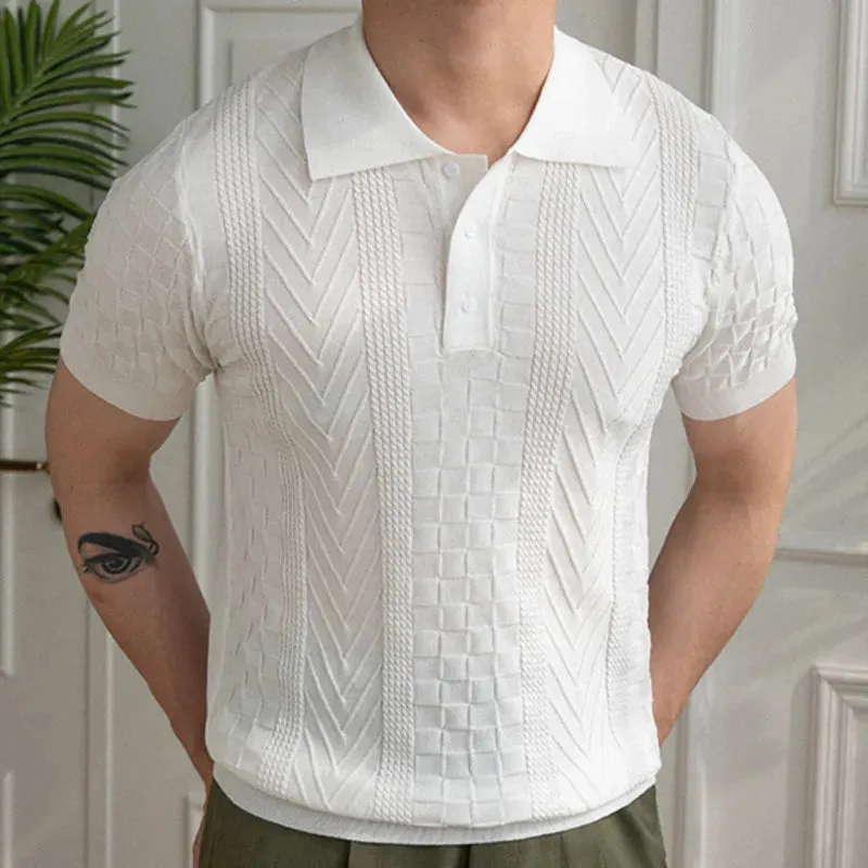 Aidase Summer Jacquard Pattern Lapel Neck Men's Solid Color Short-sleeved T-shirt British Slim Lapel Knitted Striped Casual  Polo Shirt