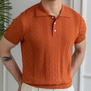 Aidase Summer Jacquard Pattern Lapel Neck Men's Solid Color Short-sleeved T-shirt British Slim Lapel Knitted Striped Casual  Polo Shirt