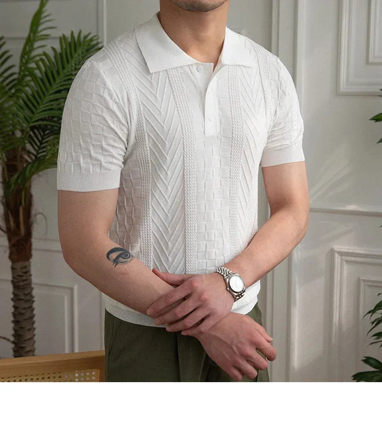 Aidase Summer Jacquard Pattern Lapel Neck Men's Solid Color Short-sleeved T-shirt British Slim Lapel Knitted Striped Casual  Polo Shirt