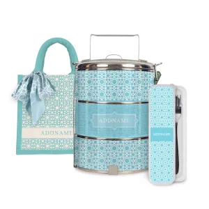 Annas Series - Sky Blue Half Lining Lunch Bag, Tiffin Carrier and Cutlery Set