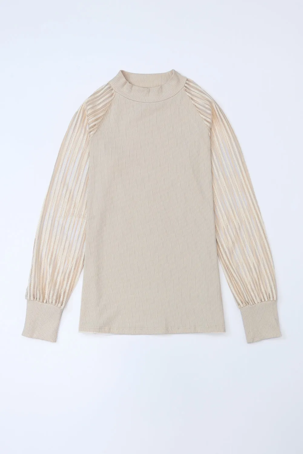 Apricot Striped Mesh Long Sleeve Crewneck Ribbed Top