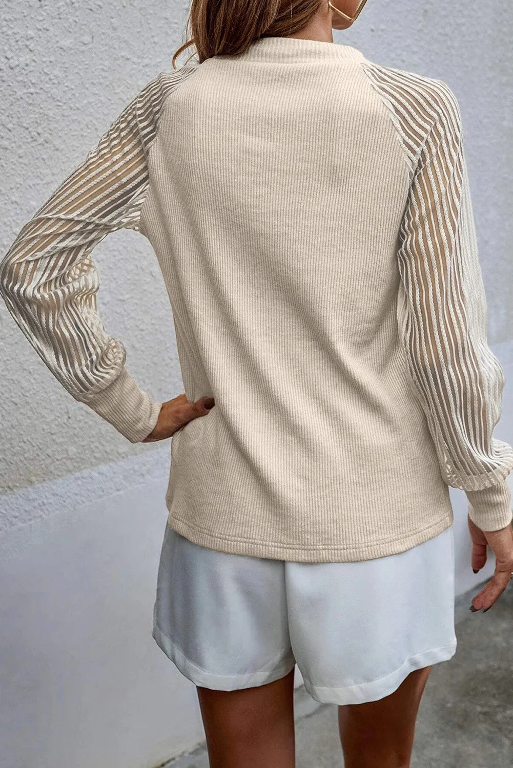 Apricot Striped Mesh Long Sleeve Crewneck Ribbed Top