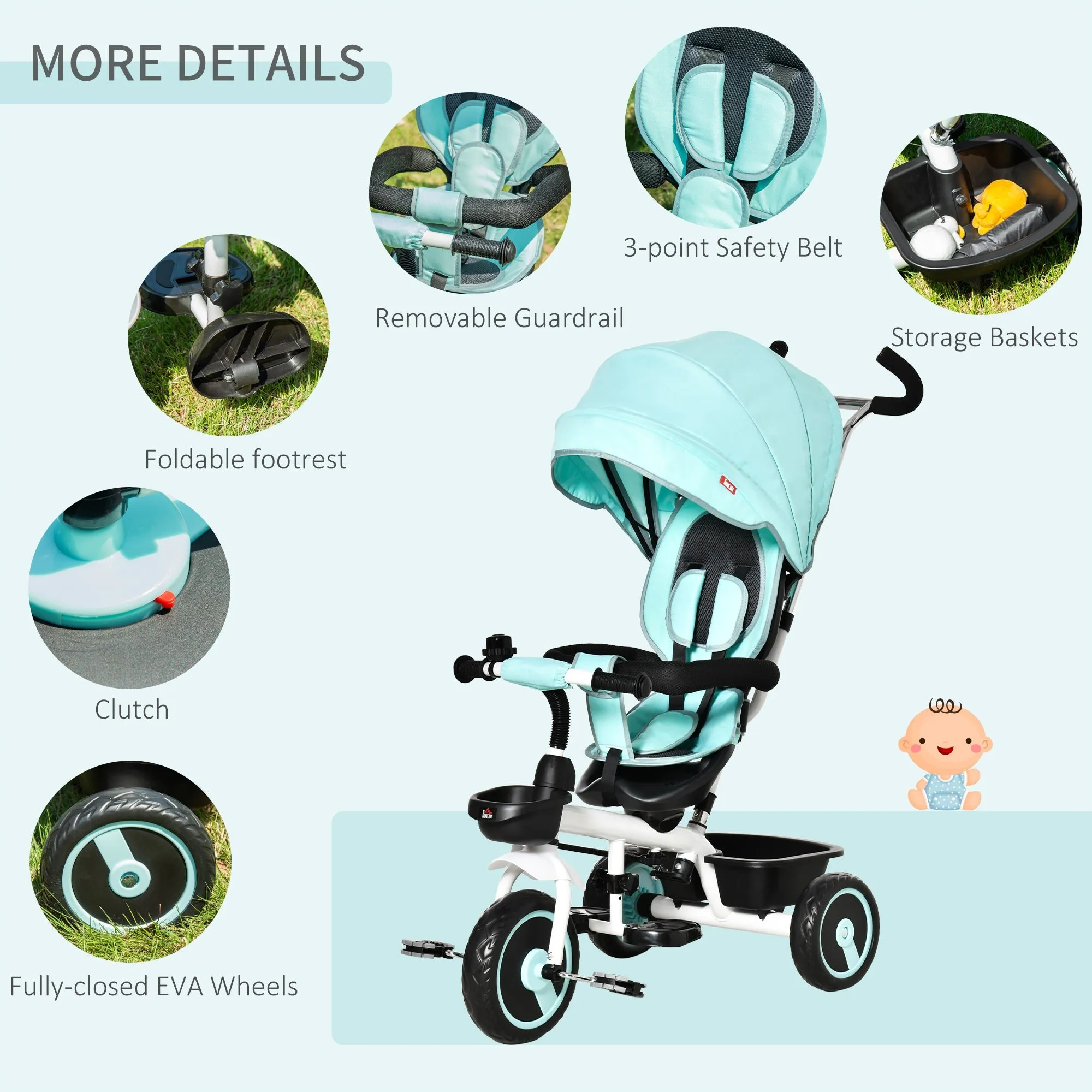 Baby Tricycle Stroller with Handle - Green