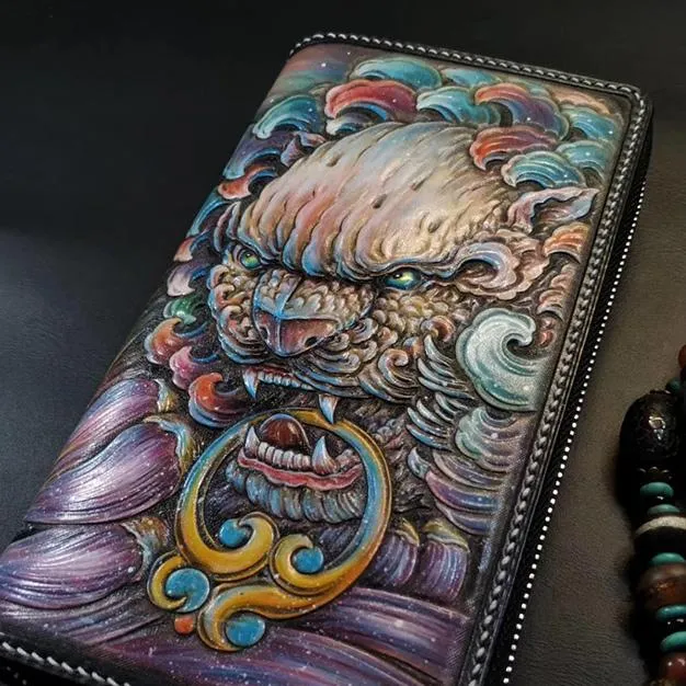 Badass Black Leather Men's Chinese Lion Biker Wallets Handmade Tooled Zipper Long Wallets For Men