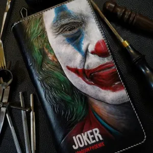 Badass Black Leather Men's Joker Long Biker Wallet Handmade Tooled Zipper Long Wallets For Men