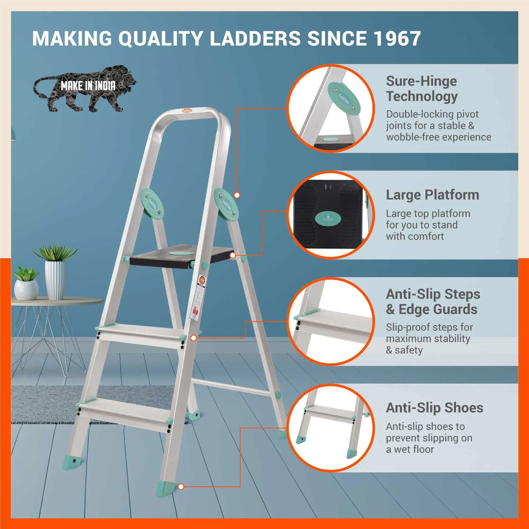 Bathla Advance Carbon - 3 Step Foldable Aluminium Ladder For Home (Teal)