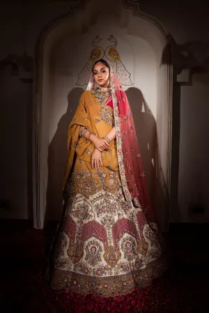 Beige Raw Silk Zardosi & Multi Coloured Thread Work Bridal Lehenga