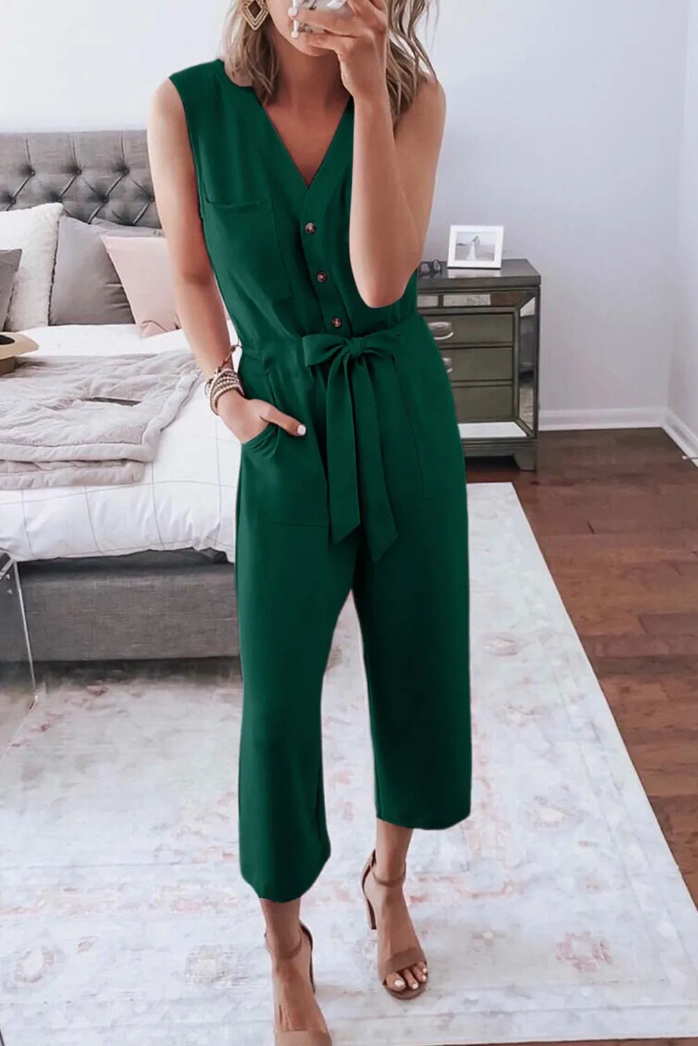 Black Buttoned Sleeveless Cropped Jumpsuit With Sash