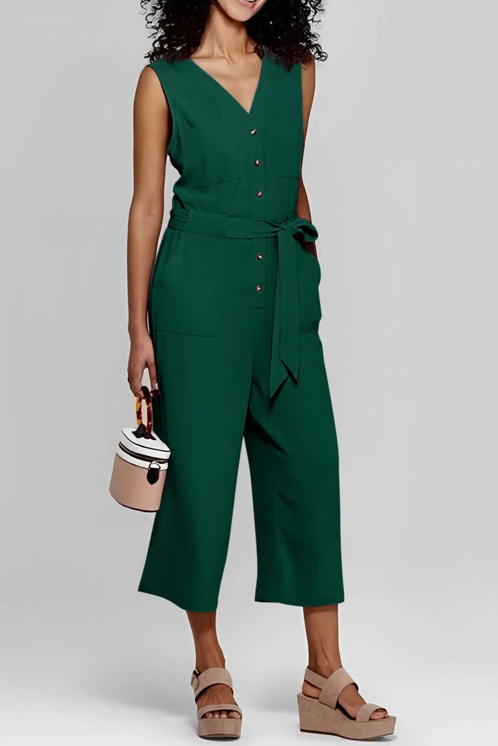 Black Buttoned Sleeveless Cropped Jumpsuit With Sash