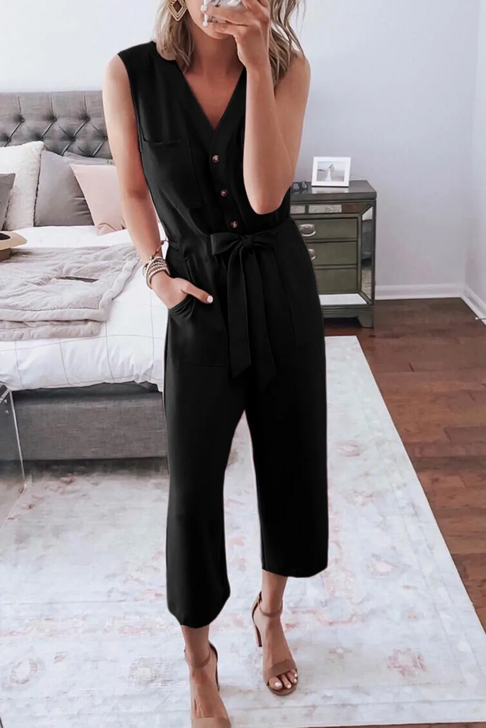 Black Buttoned Sleeveless Cropped Jumpsuit With Sash