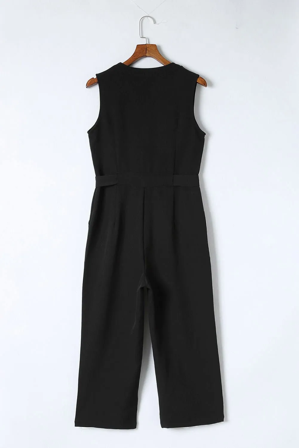 Black Buttoned Sleeveless Cropped Jumpsuit With Sash