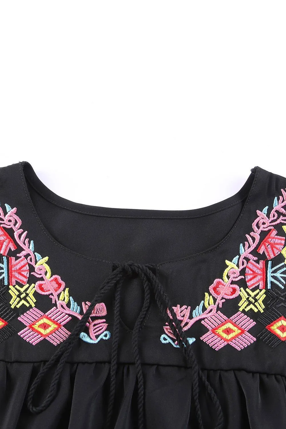 Black Geometric Floret Embroidered Boho Summer Top