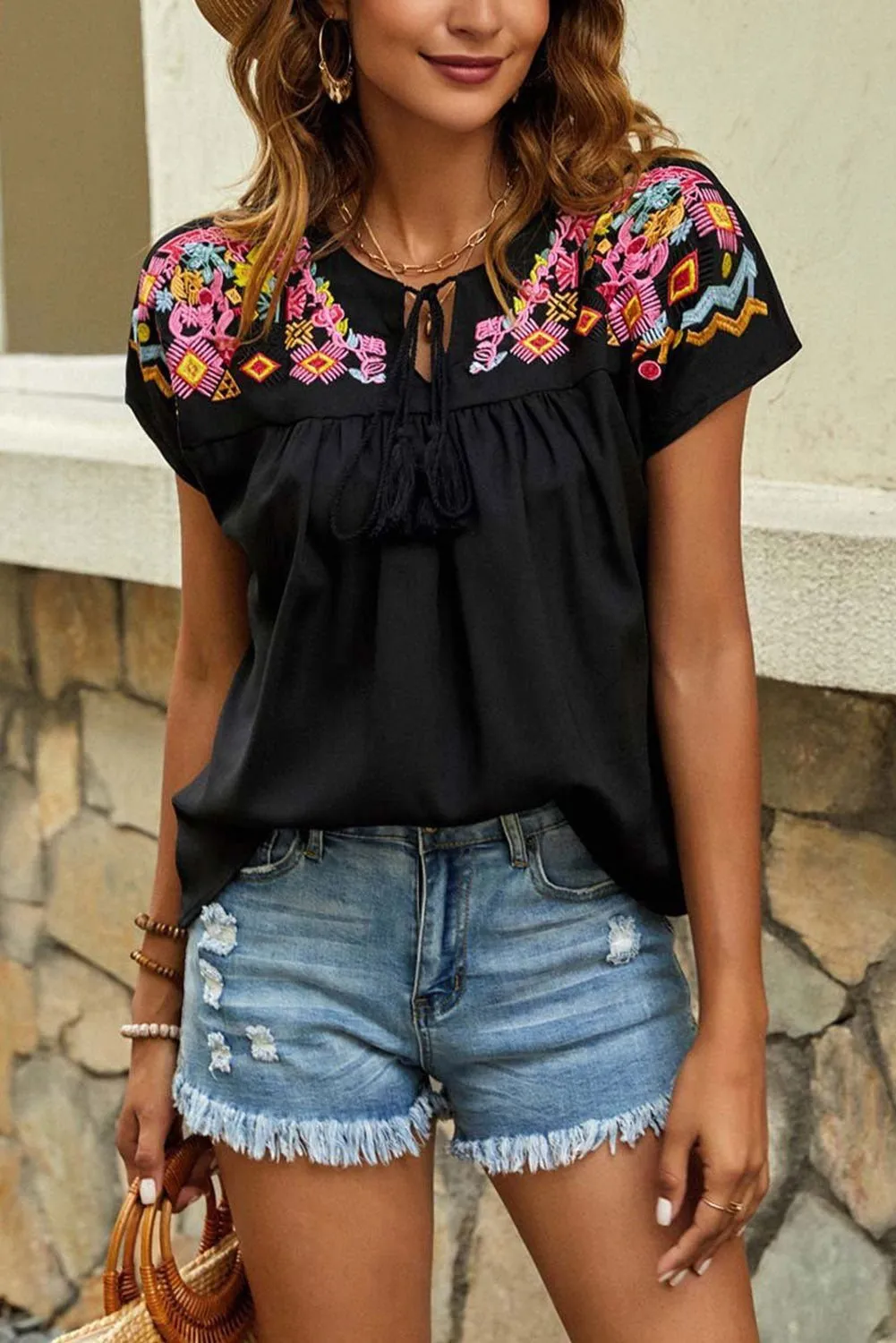 Black Geometric Floret Embroidered Boho Summer Top