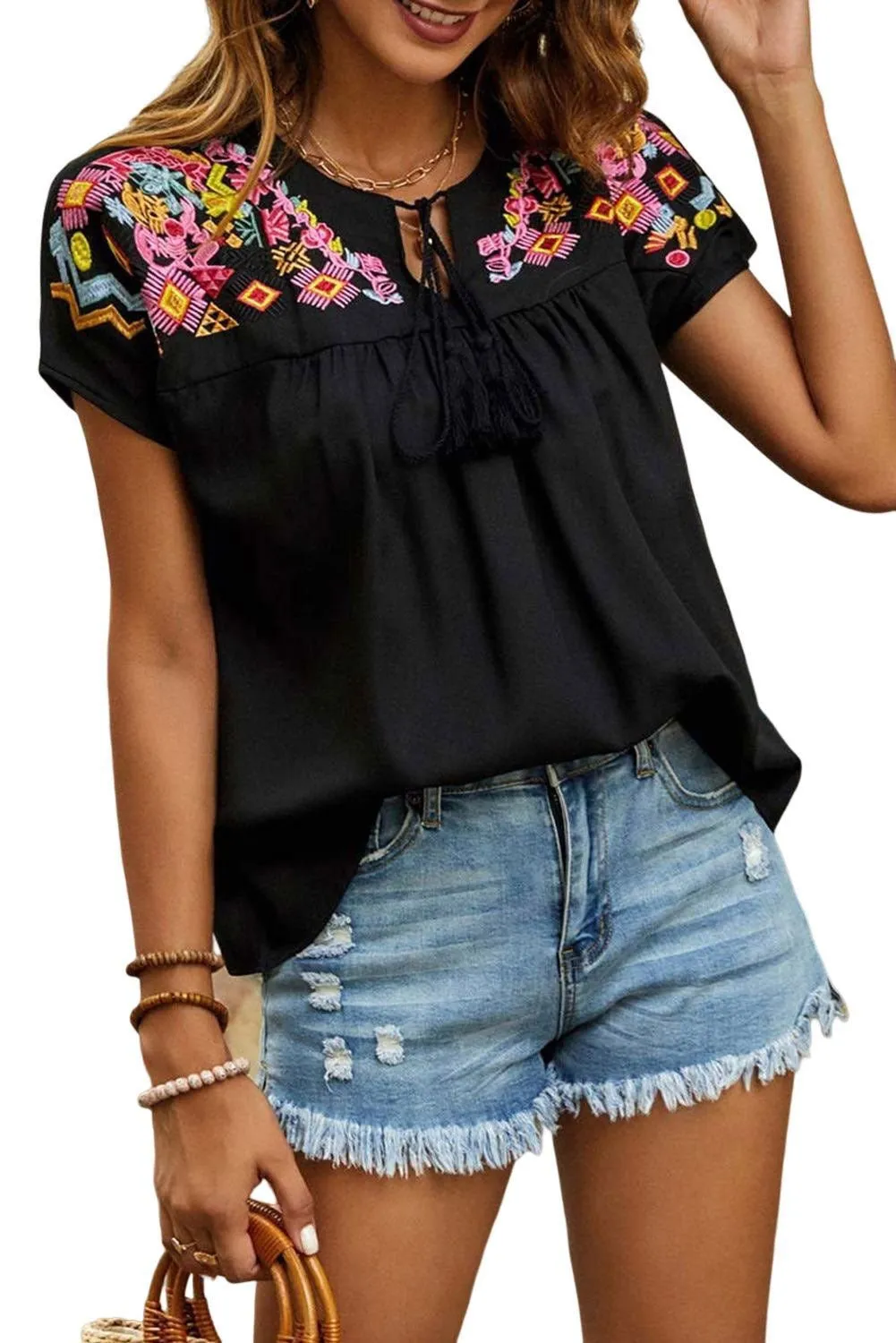 Black Geometric Floret Embroidered Boho Summer Top