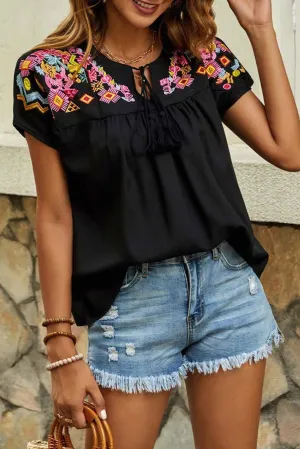 Black Geometric Floret Embroidered Boho Summer Top