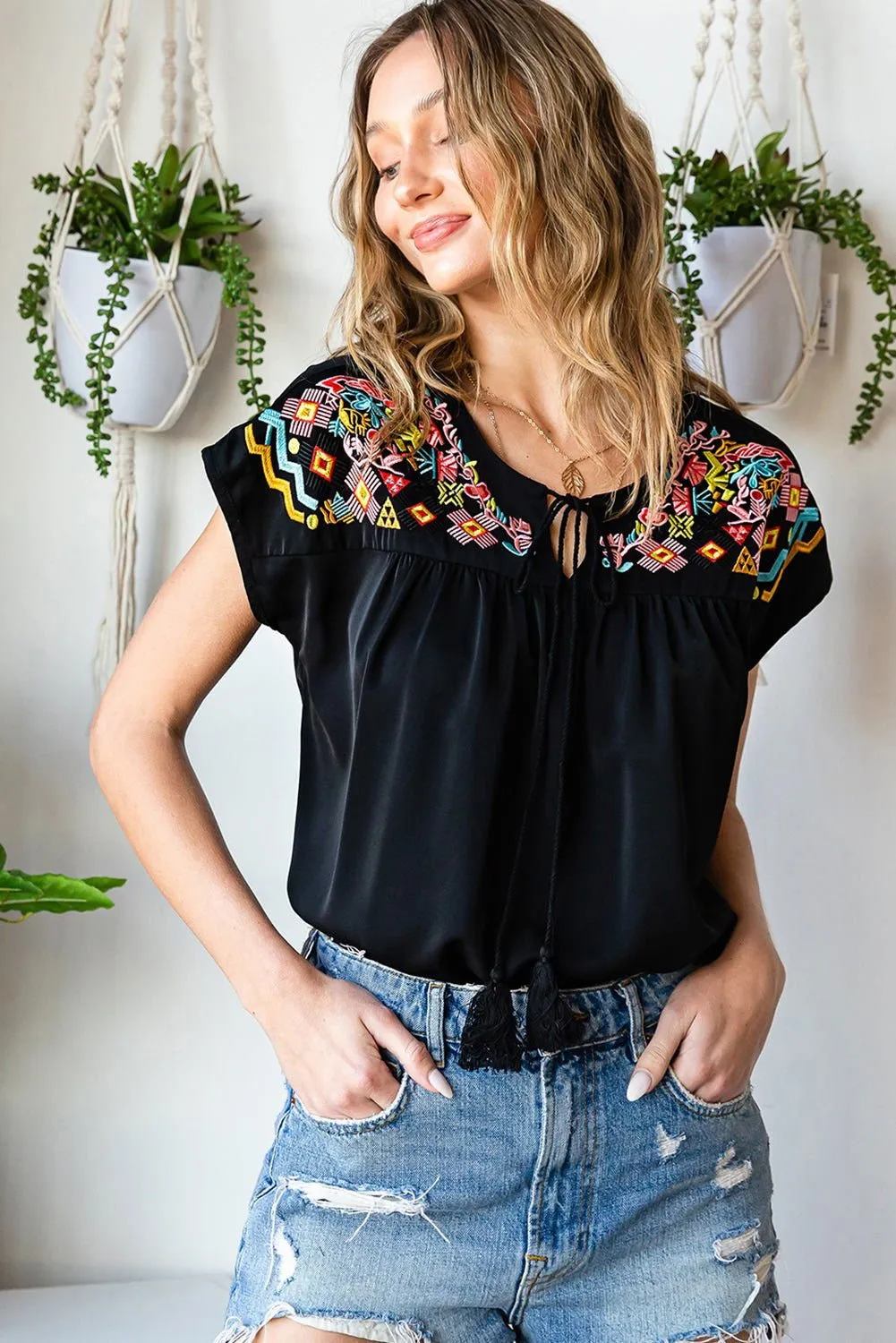 Black Geometric Floret Embroidered Boho Summer Top