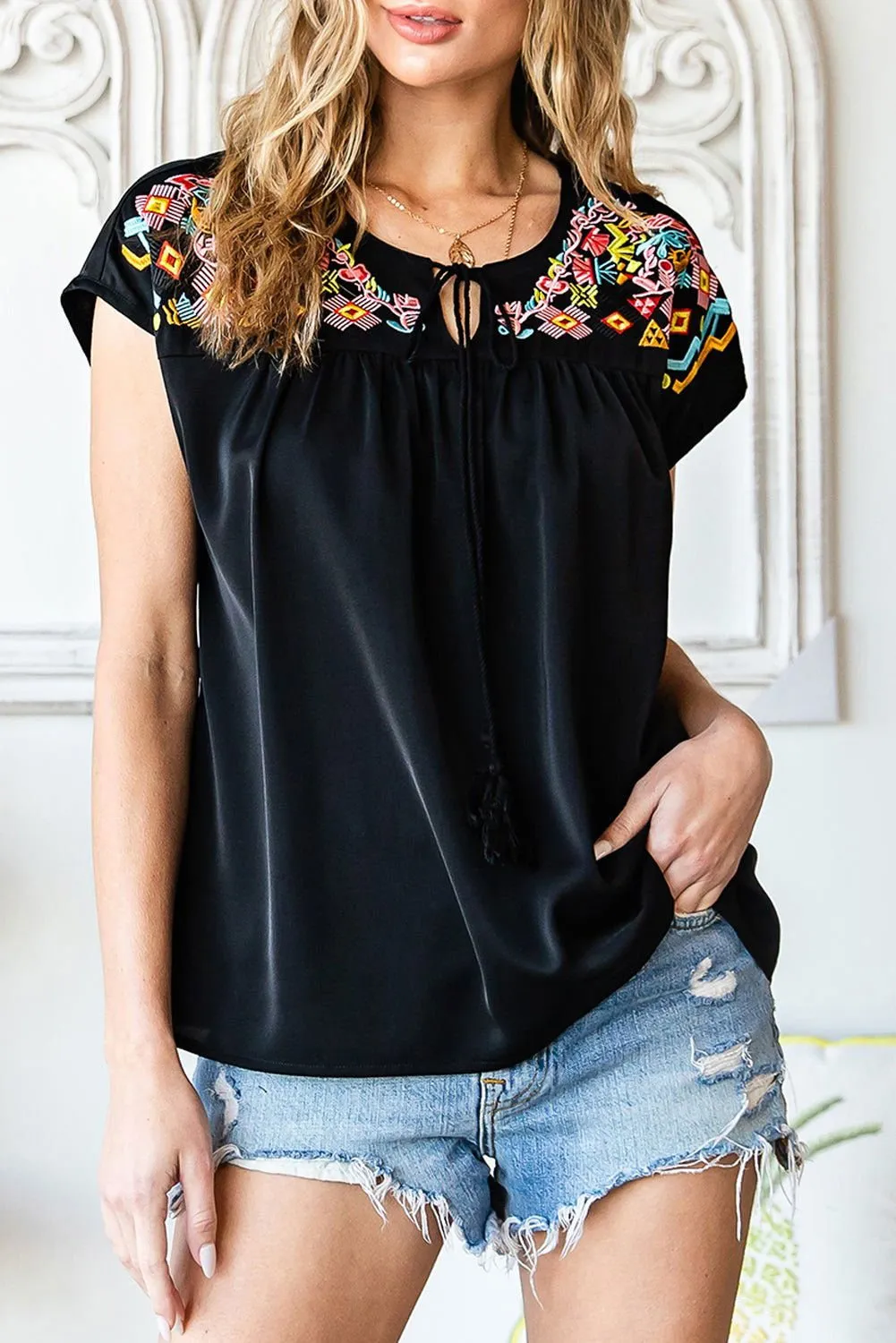 Black Geometric Floret Embroidered Boho Summer Top