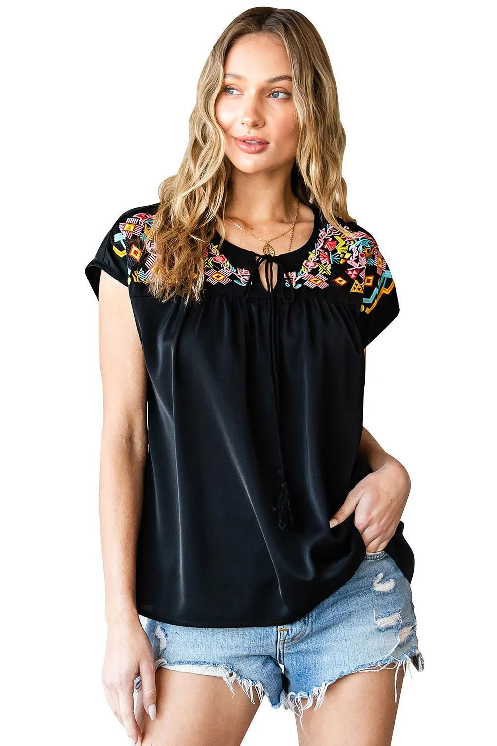 Black Geometric Floret Embroidered Boho Summer Top