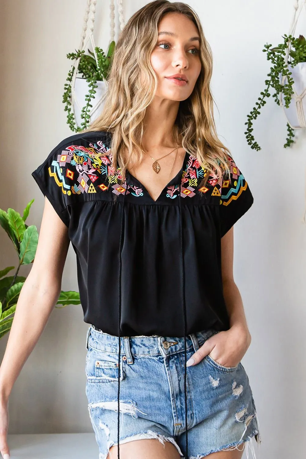 Black Geometric Floret Embroidered Boho Summer Top