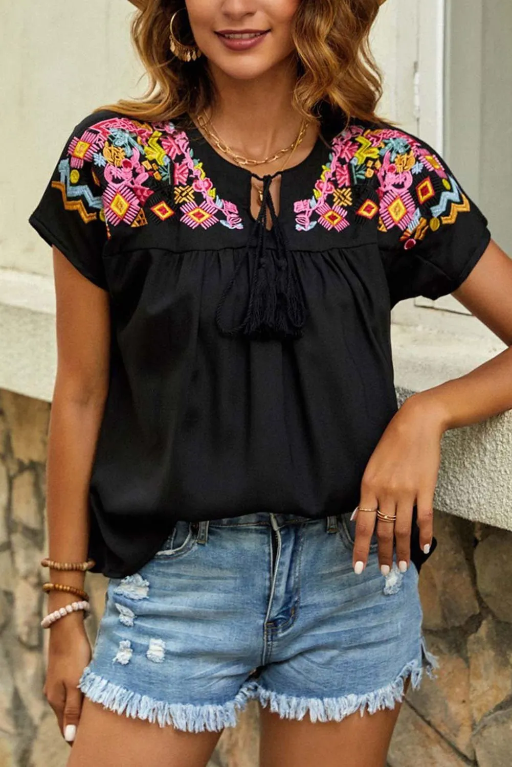 Black Geometric Floret Embroidered Boho Summer Top