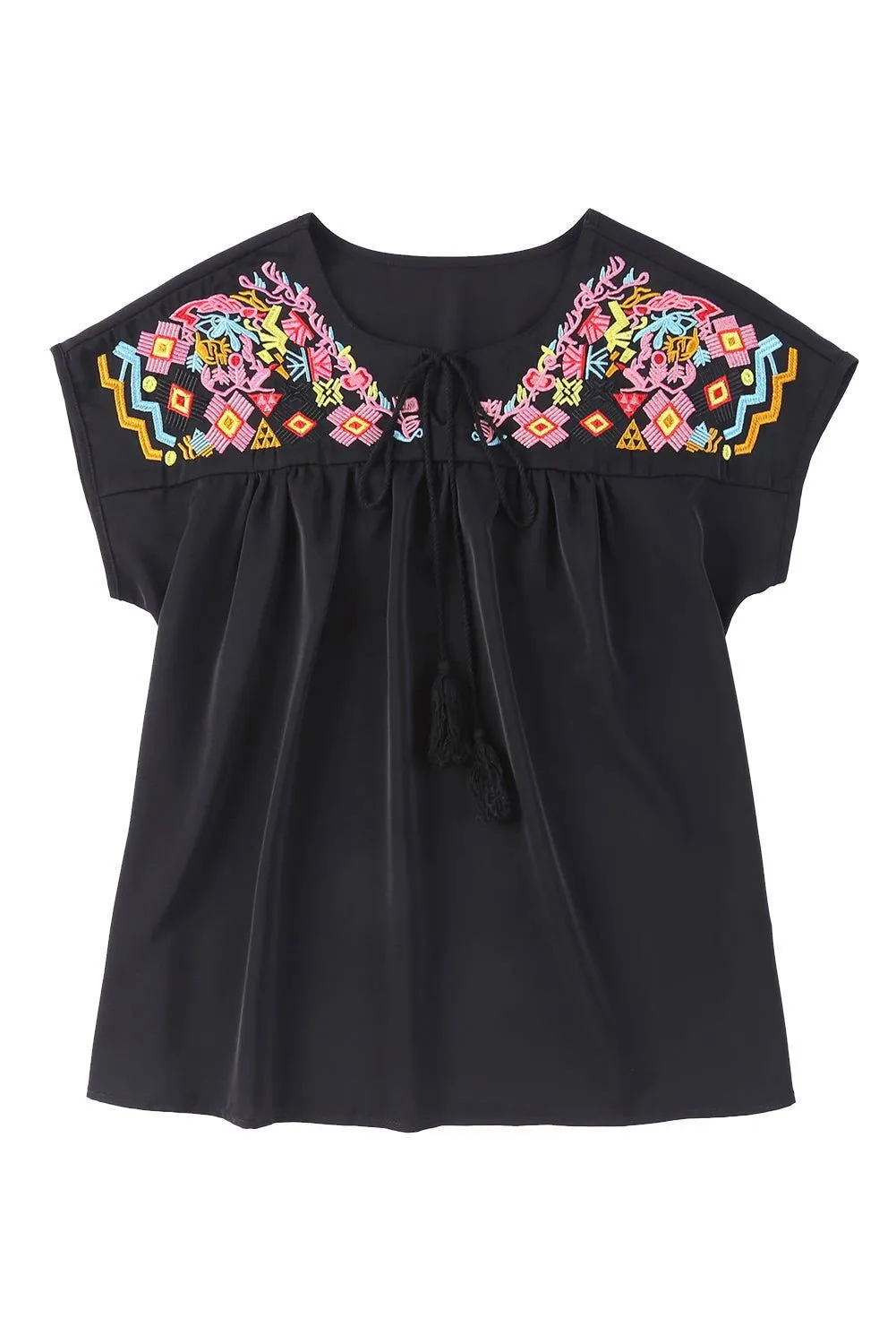 Black Geometric Floret Embroidered Boho Summer Top