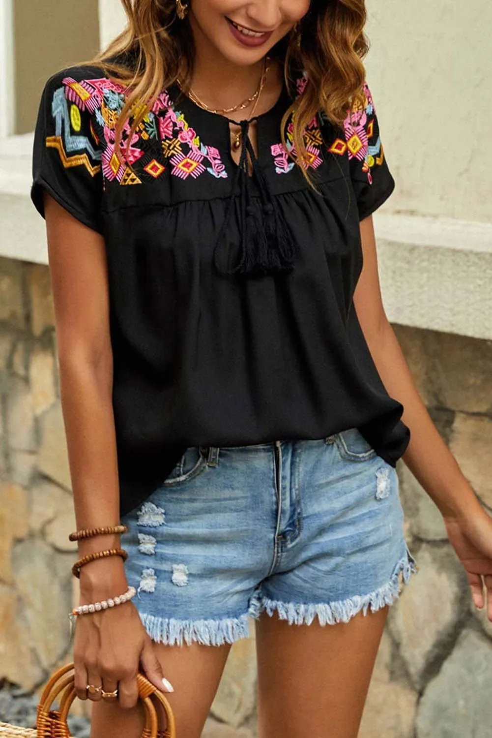 Black Geometric Floret Embroidered Boho Summer Top