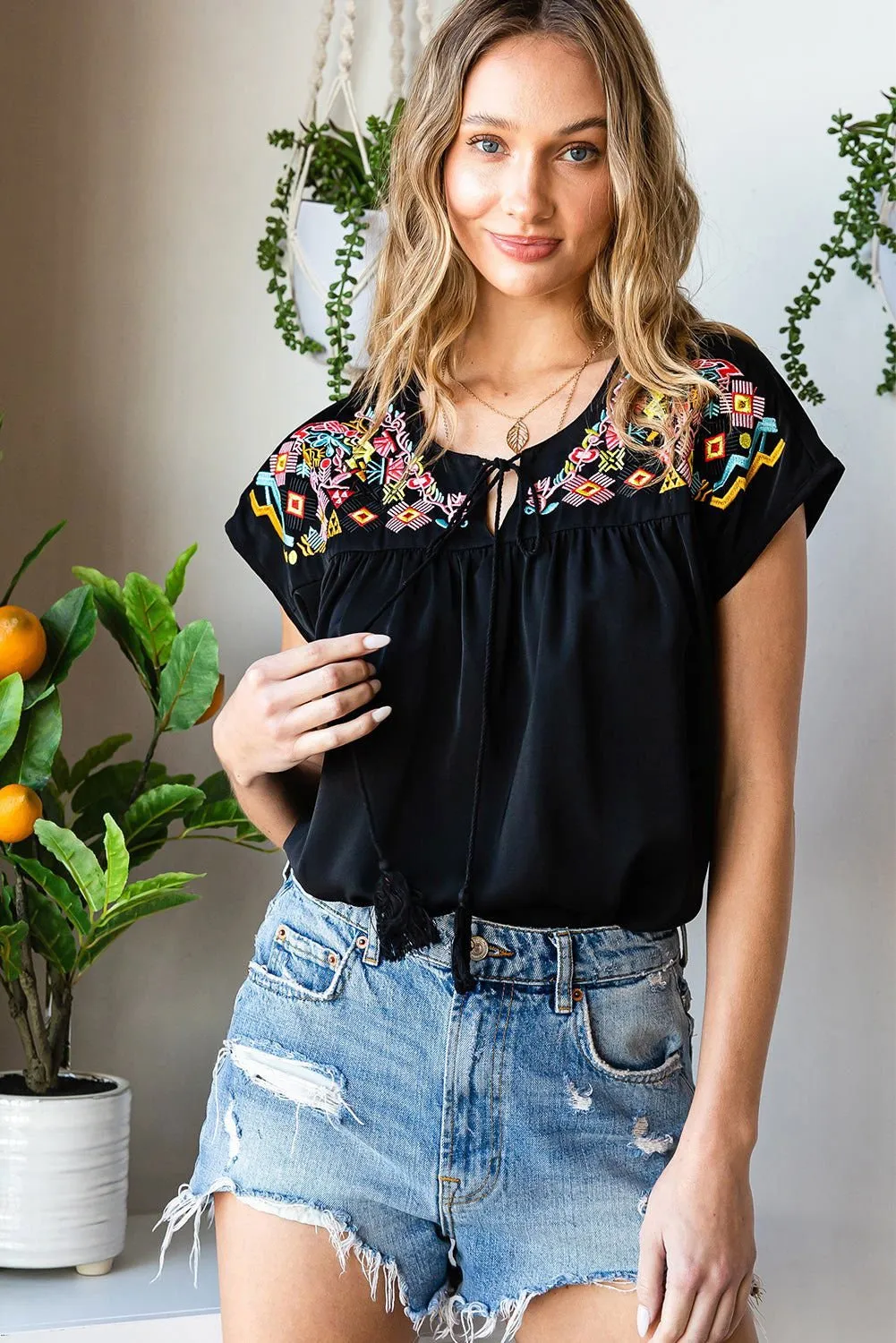 Black Geometric Floret Embroidered Boho Summer Top