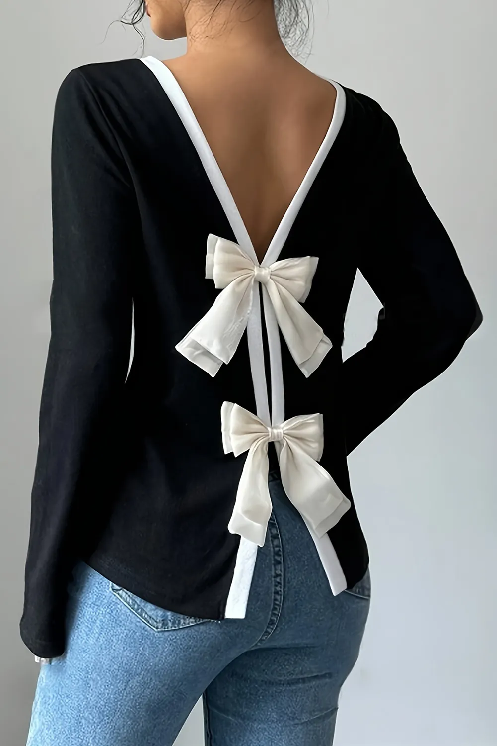 Black Knitted Bow Tie Back Round Neck Long Sleeve Top