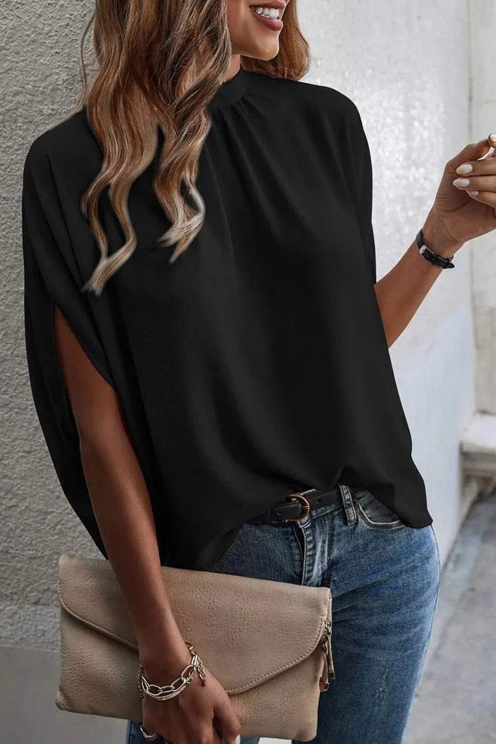 Black Solid Color Batwing Sleeve Knotted Blouse