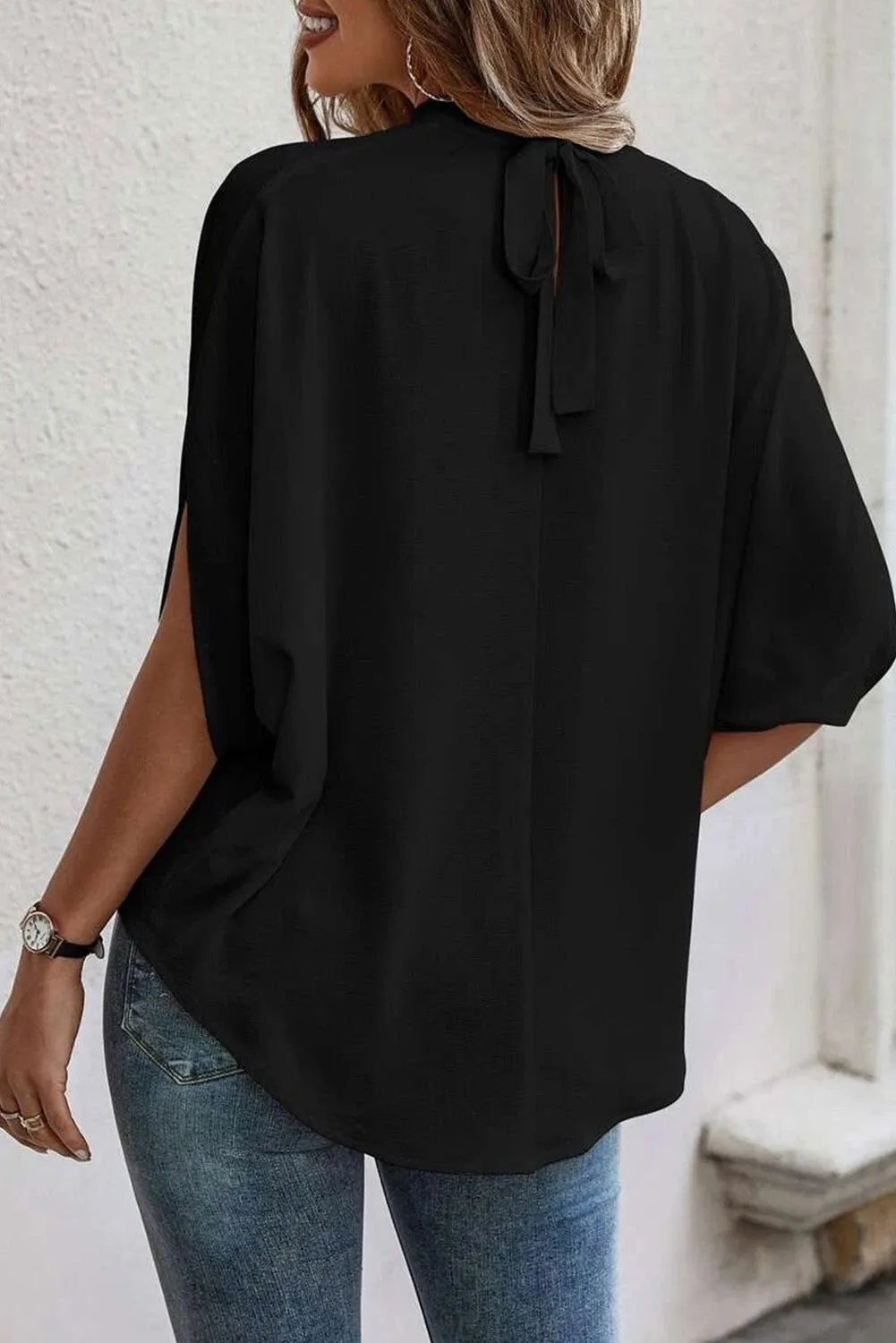 Black Solid Color Batwing Sleeve Knotted Blouse