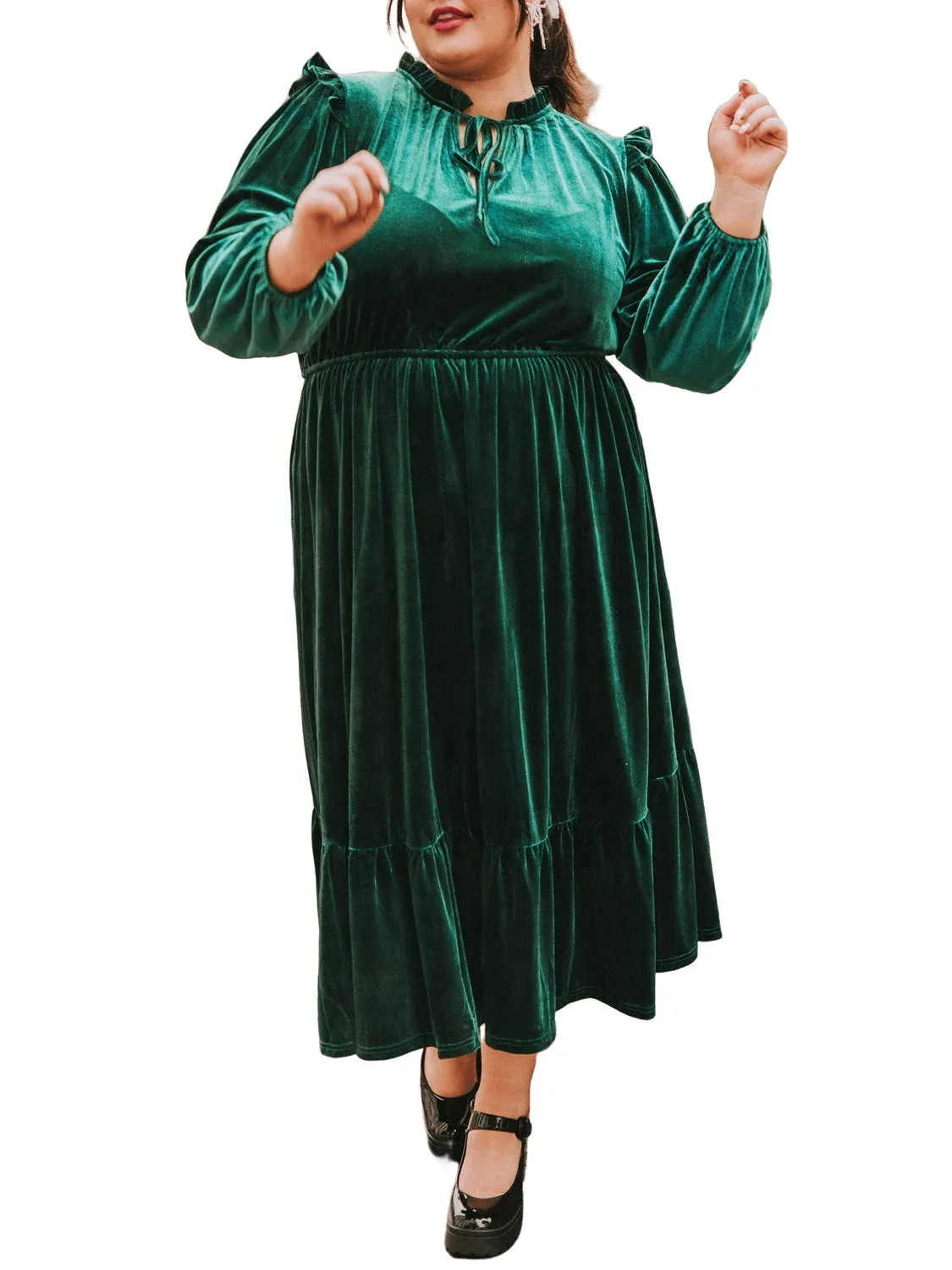 Blackish Green Frill Neck Velvet High Waist Plus Size Dress