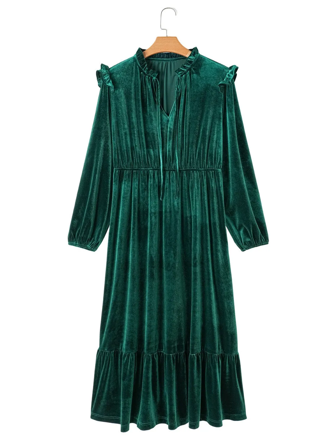 Blackish Green Frill Neck Velvet High Waist Plus Size Dress