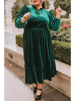 Blackish Green Frill Neck Velvet High Waist Plus Size Dress