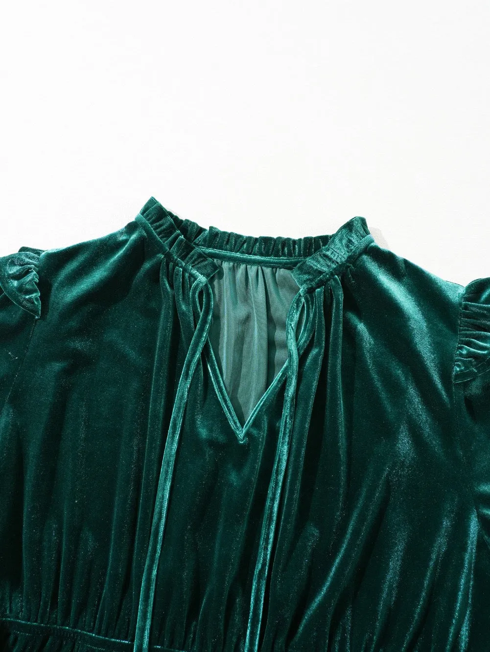 Blackish Green Frill Neck Velvet High Waist Plus Size Dress