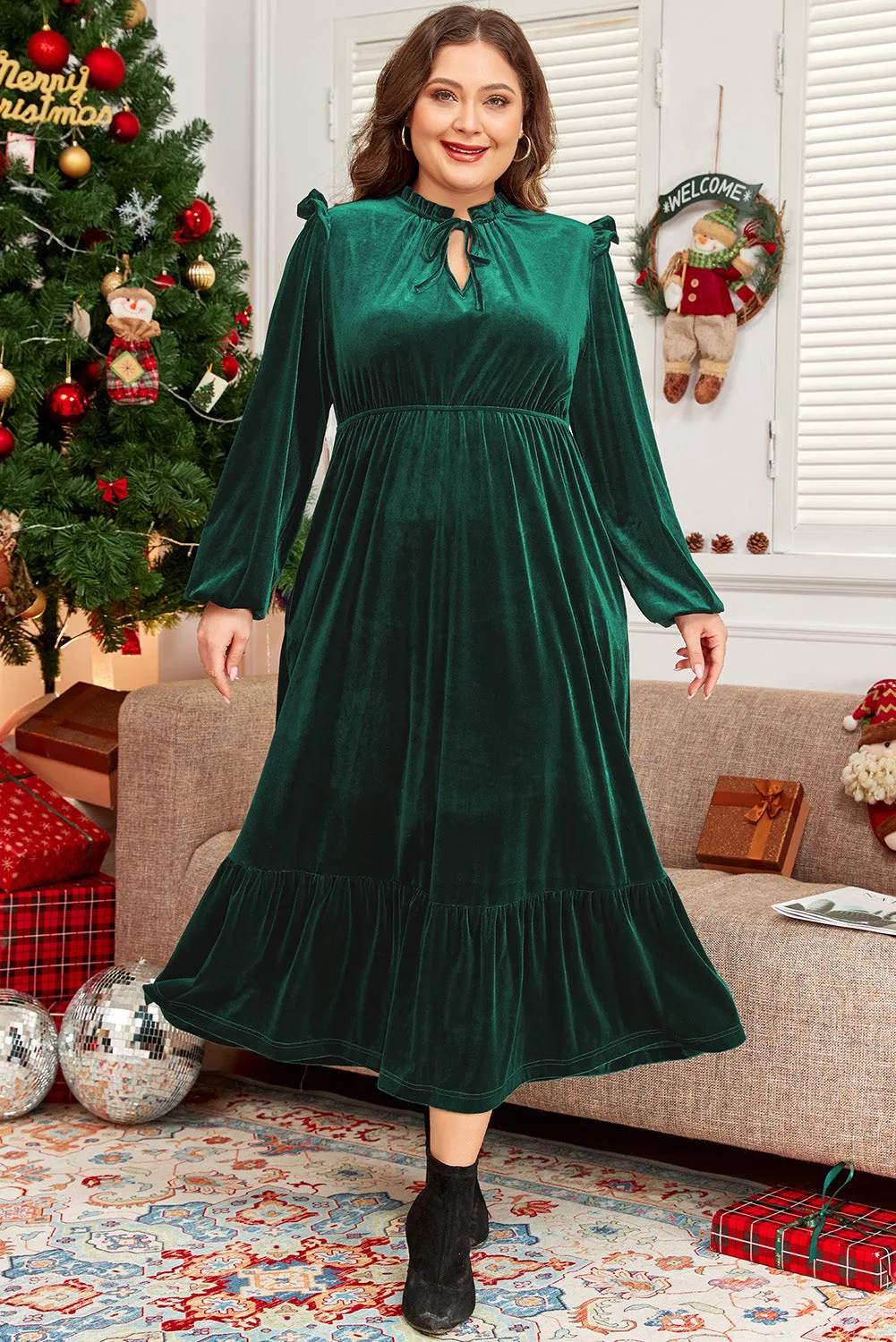 Blackish Green Velvet Frilled up Neck Ruffled High Waist Plus Size Midi Dress