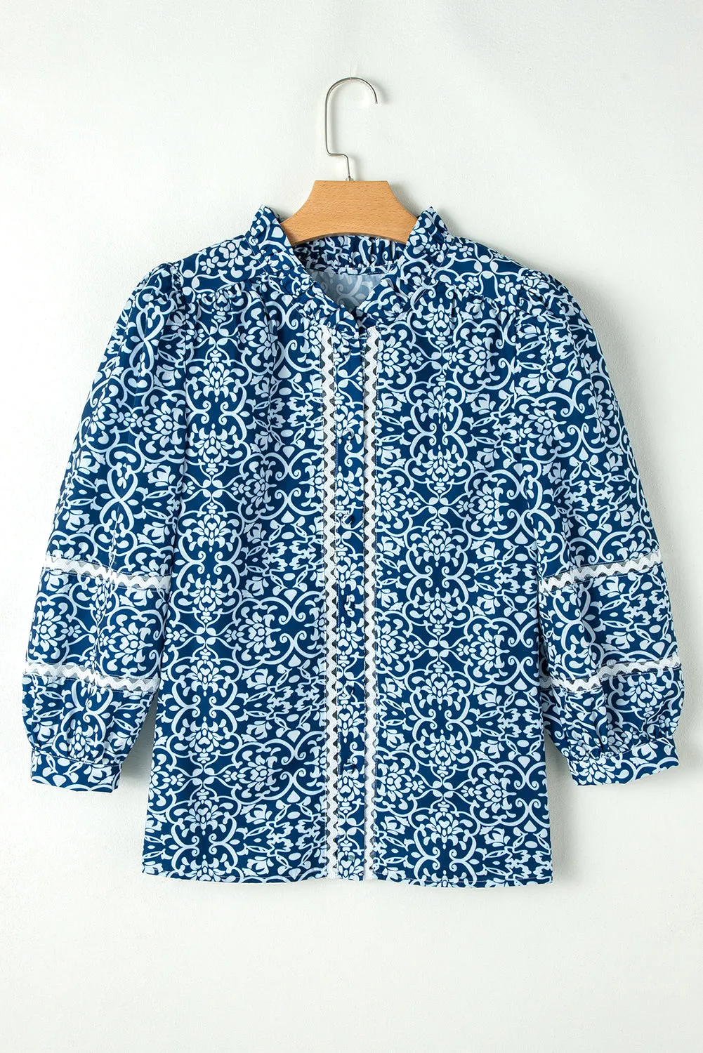 Blue Floral Ric-rac Patchwork Button Loose Fit Shirt